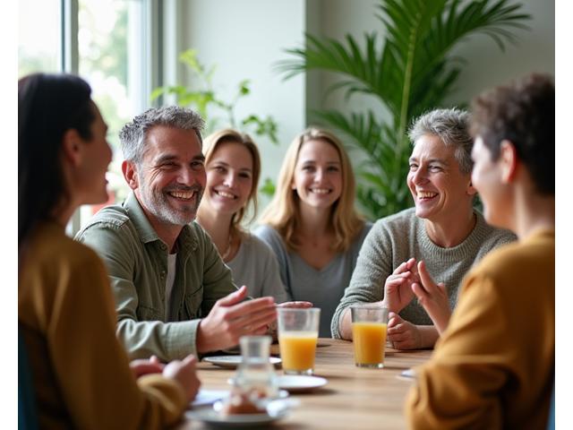 Diverse group of adults engaged in a lively discussion, smiling and interacting in a modern, open community space, symbolizing peer support and shared wellness journey.