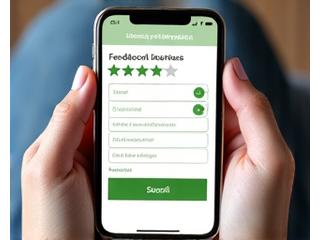 Hands holding a smartphone with a feedback form on screen, showing stars and comment boxes.