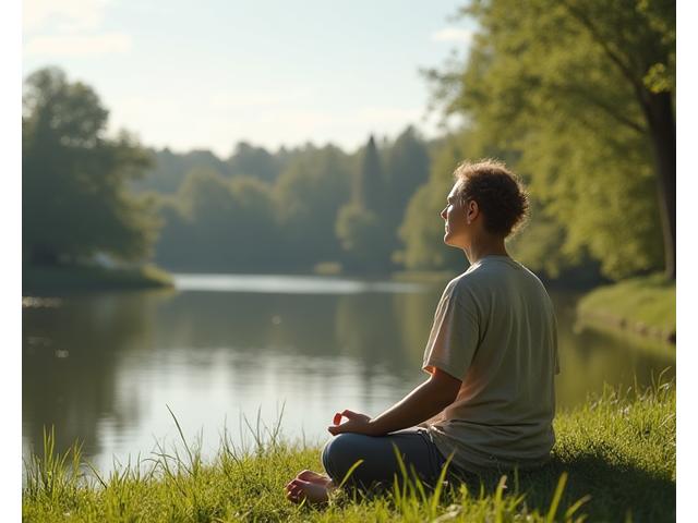 Calm individual practicing mindfulness or meditation in a serene natural setting, depicting effective stress reduction.