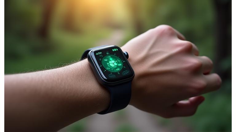 Close-up of a sleek smartwatch on a wrist, displaying health metrics, with a blurred background of an active outdoor setting.