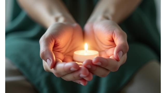 Close-up of hands gently cupped, depicting a controlled breathing exercise, with soft focus on the breath and a calming aura.