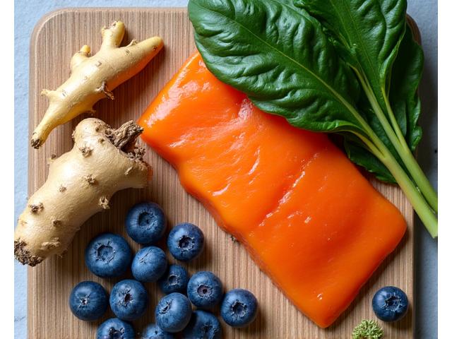 Brightly colored anti-inflammatory foods: turmeric, ginger, and blueberries on a wooden cutting board.