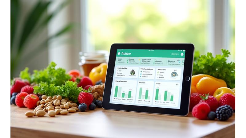 Vibrant, healthy foods like berries, leafy greens, and nuts arranged artfully around a central display of a tablet showing a personalized nutrition plan, emphasizing vitality for adults over 35.