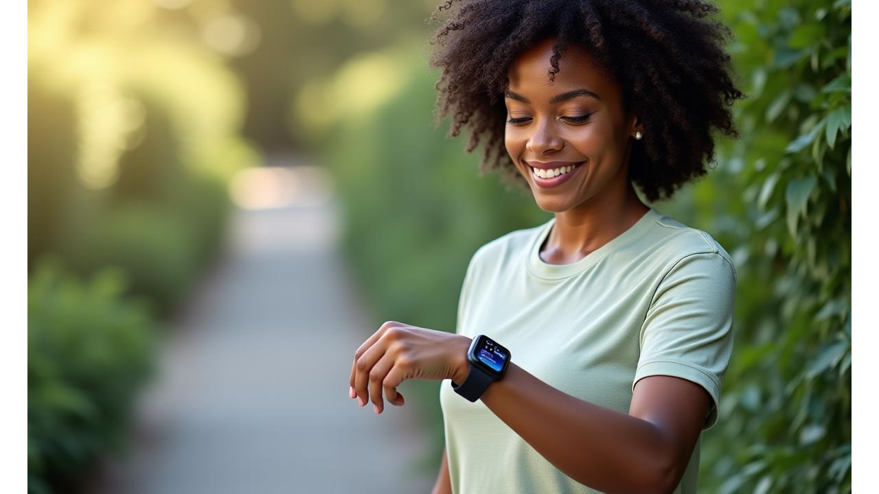 A confident adult (35+) looking at data on a sleek smartwatch, wearing a smart ring, with a healthy, active lifestyle suggested in the blurred background. Warm, natural light.
