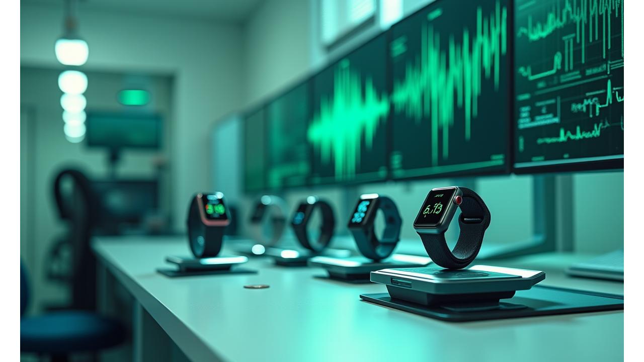 A clean, modern lab setting with various wearable devices on testing rigs, subtle data visualizations on screens in the background. Focus on precision and scientific rigor.
